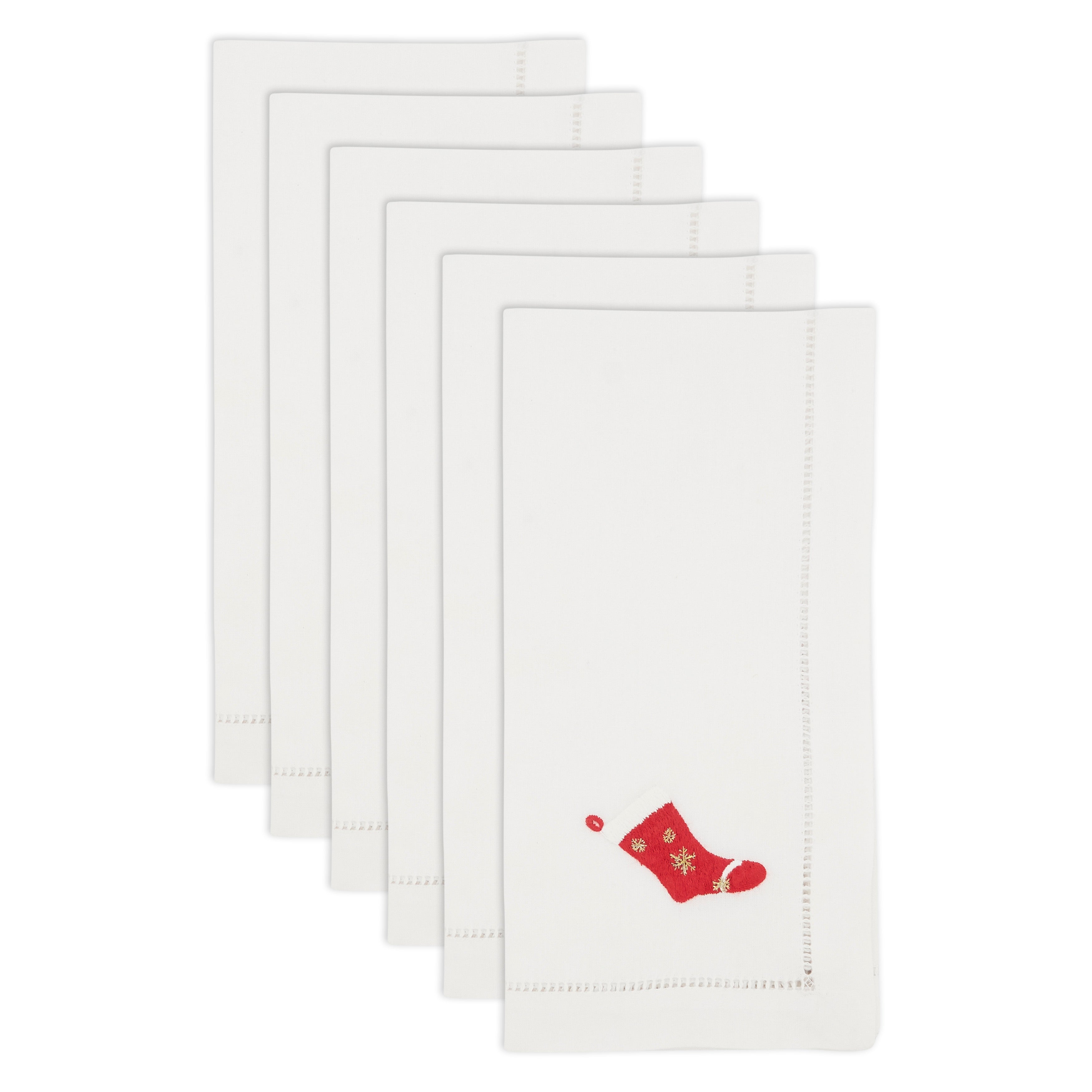 Handmade Winter Wonderland Stocking Embroidery Napkin with Hemstitched Border (Set of 6)
