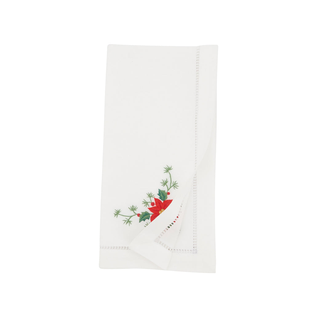 Handmade Whimsical Poinsettia Embroidery Napkin with Hemstitched Border (Set of 6)
