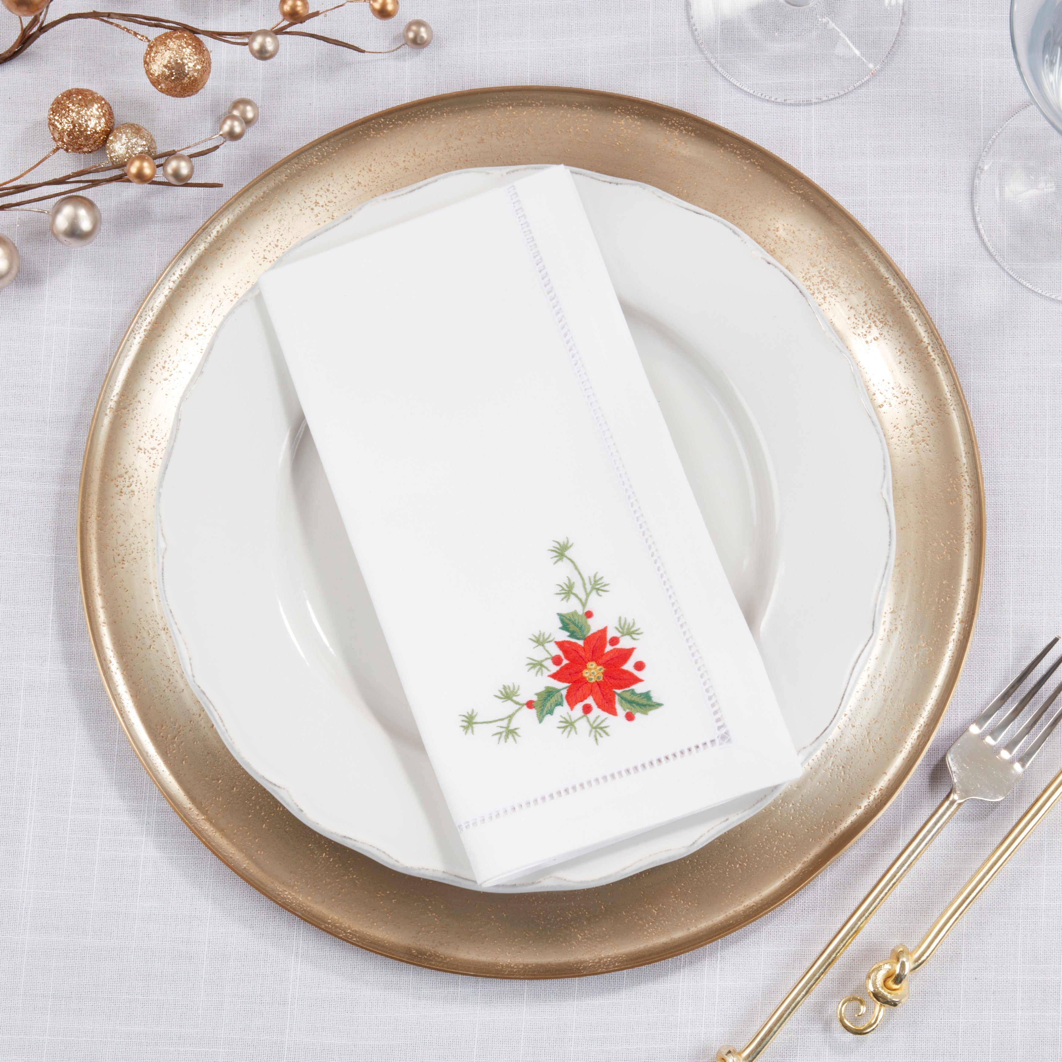 Handmade Whimsical Poinsettia Embroidery Napkin with Hemstitched Border (Set of 6)