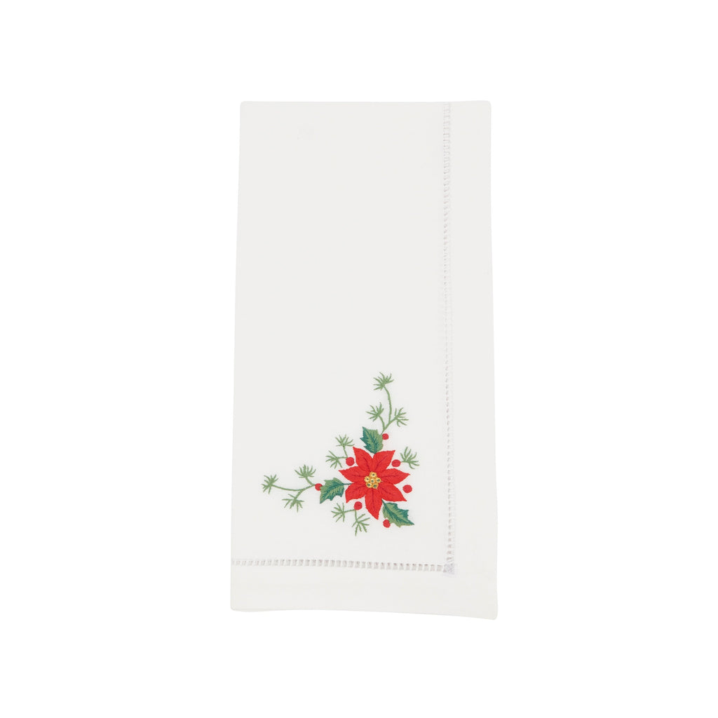 Handmade Whimsical Poinsettia Embroidery Napkin with Hemstitched Border (Set of 6)