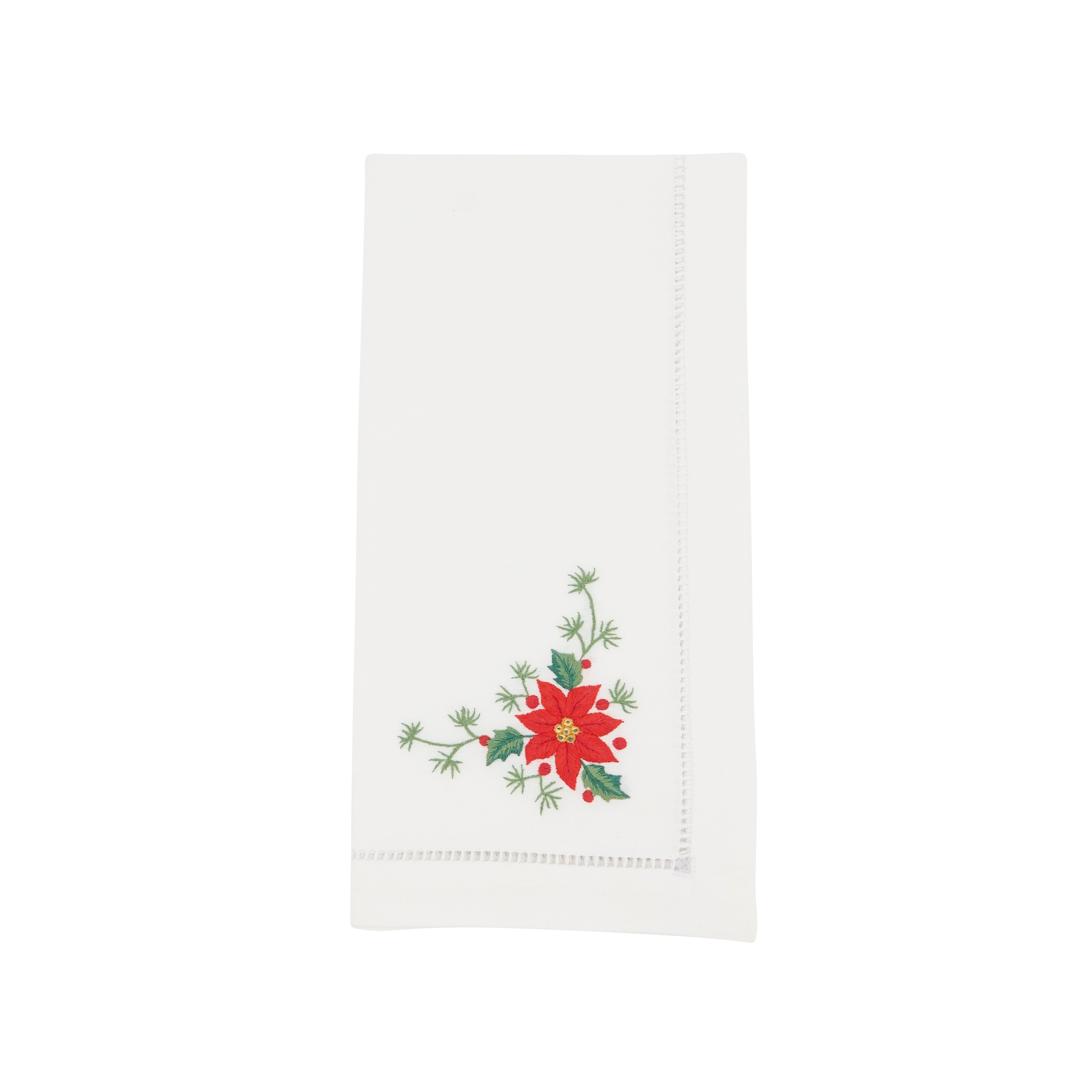 Handmade Whimsical Poinsettia Embroidery Napkin with Hemstitched Border (Set of 6)