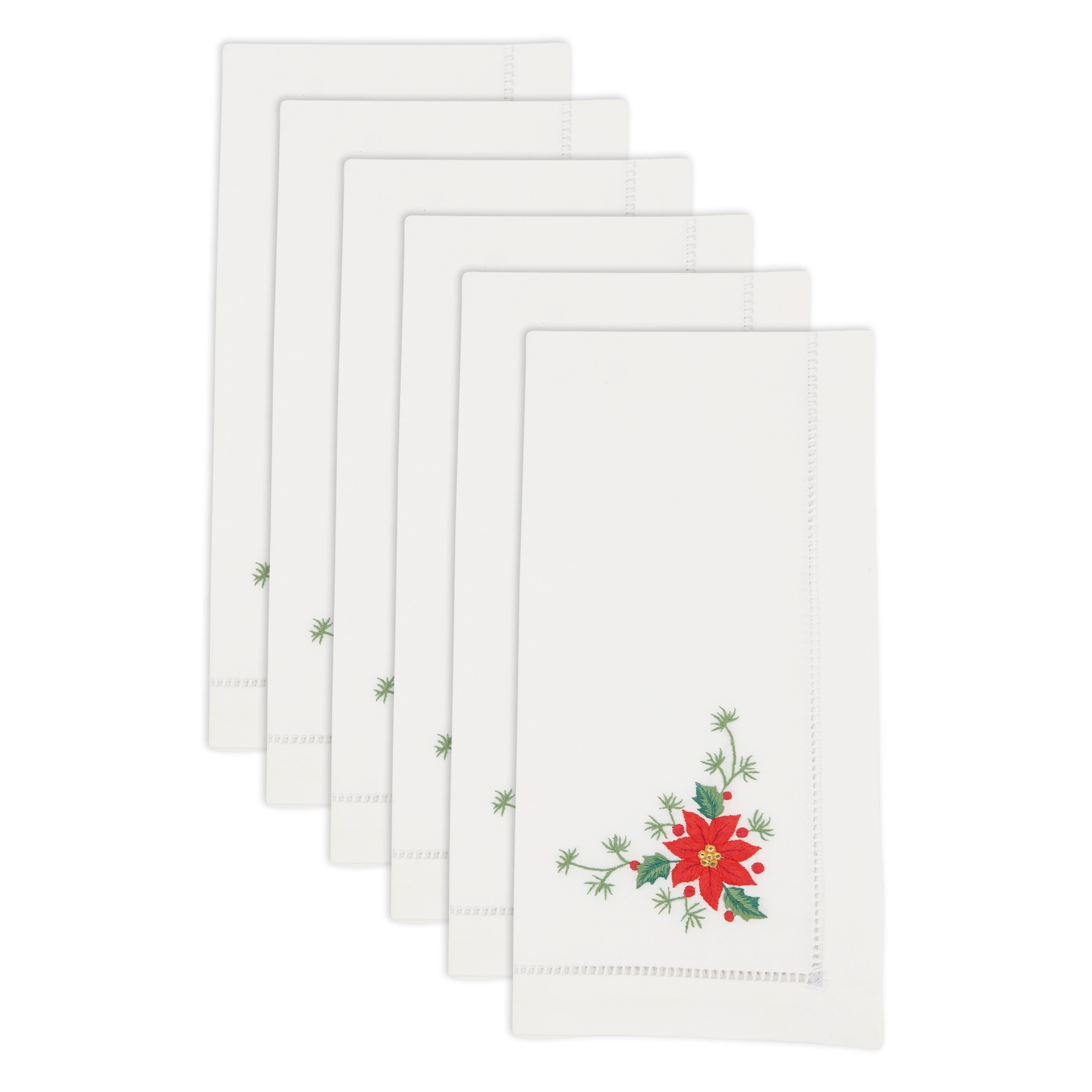 Handmade Whimsical Poinsettia Embroidery Napkin with Hemstitched Border (Set of 6)