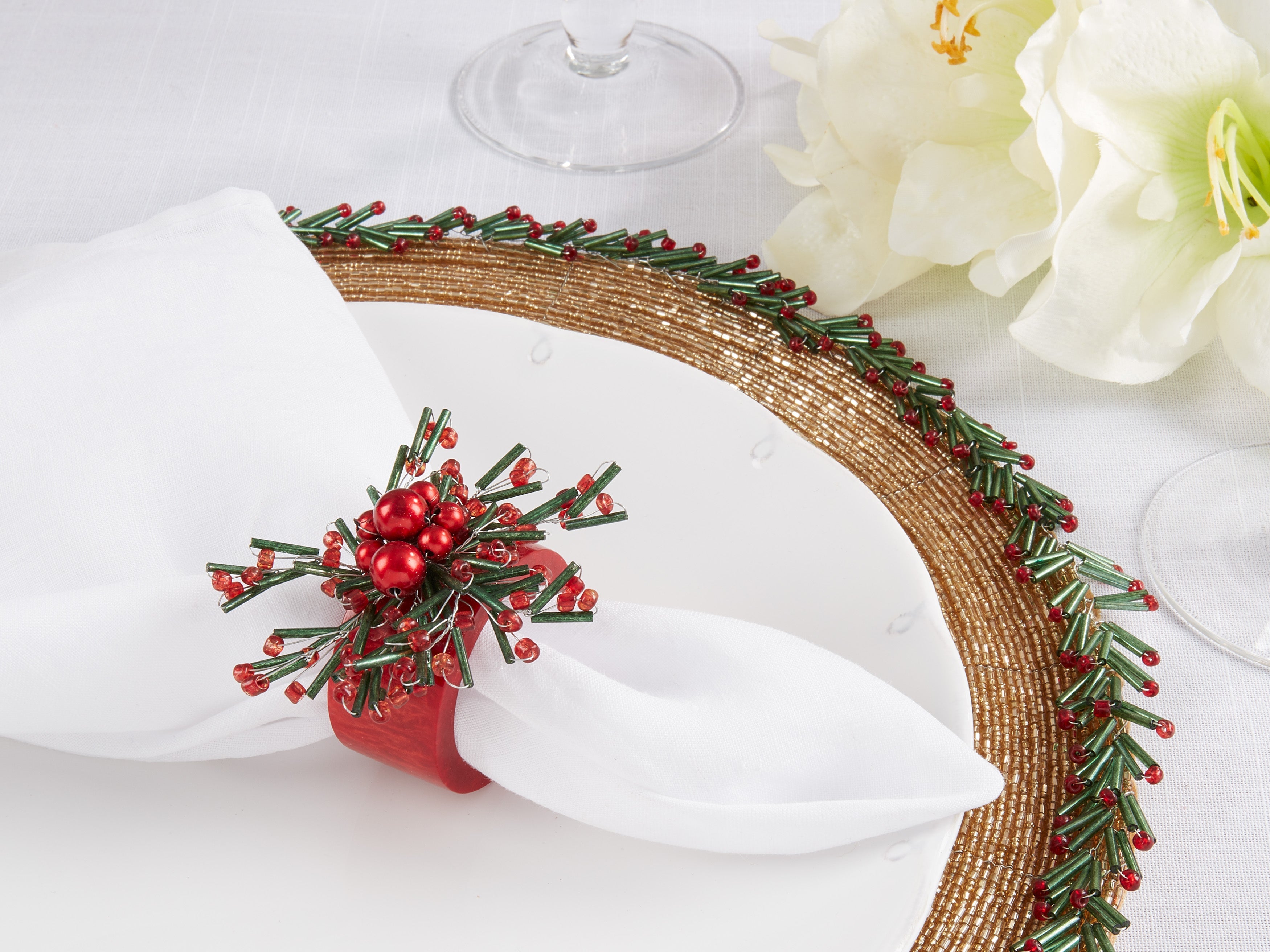 Holly Jingle Beaded Napkin Ring, Set of 4