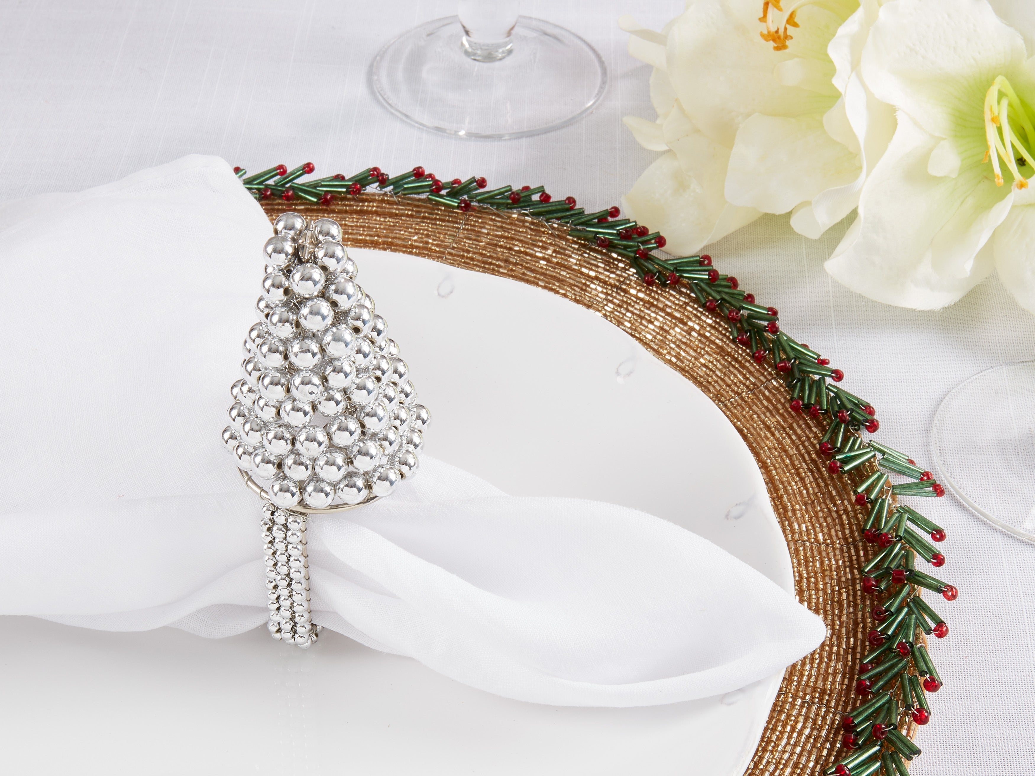 Pearl Christmas Tree Napkin Ring, Set of 4