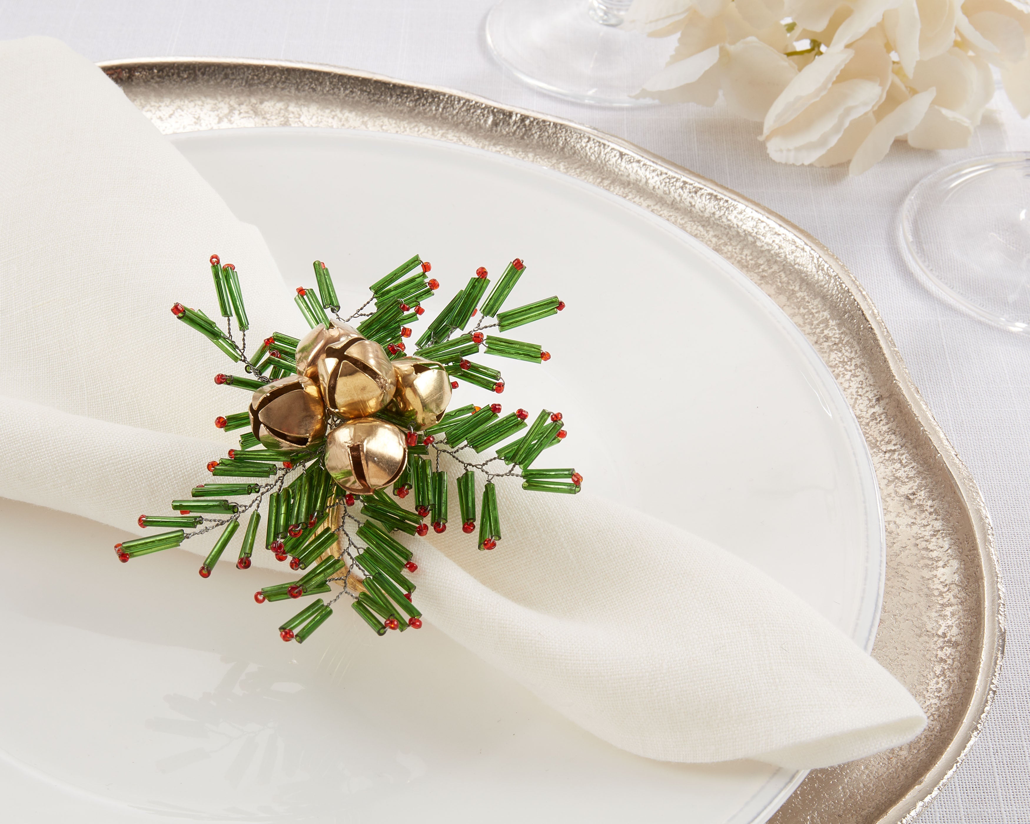 Beaded Snowflake and Bells Napkin Ring, Set of 4