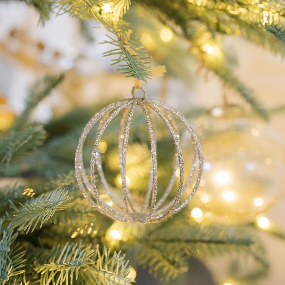 4 Sparkling Gold Wire Onion Sphere Ornaments, Set of 6