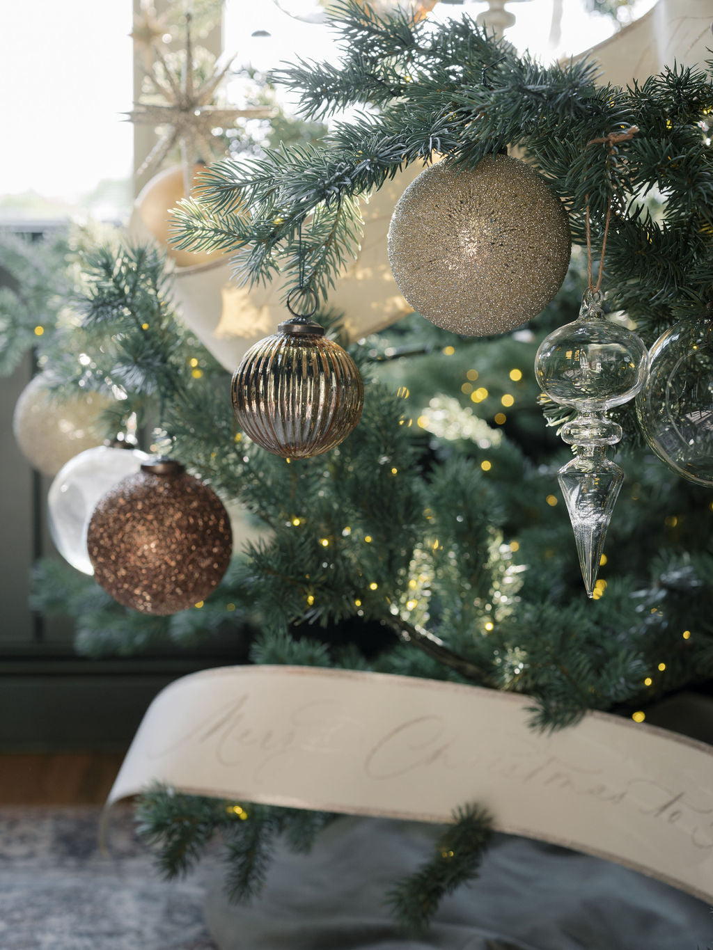 Handmade 4 Mercury Glass Ornaments in Antique Gold with Jute Hanger, Set of 4