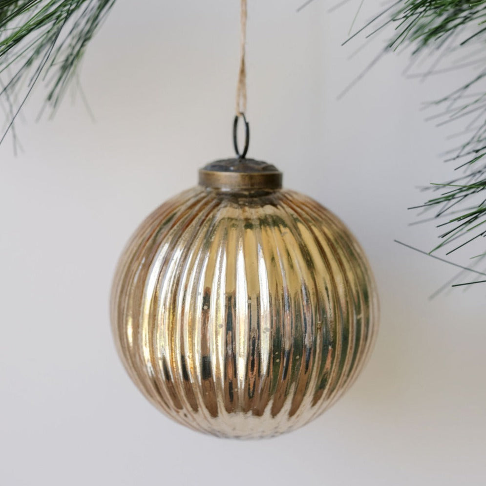 Handmade 4 Mercury Glass Ornaments in Antique Gold with Jute Hanger, Set of 4