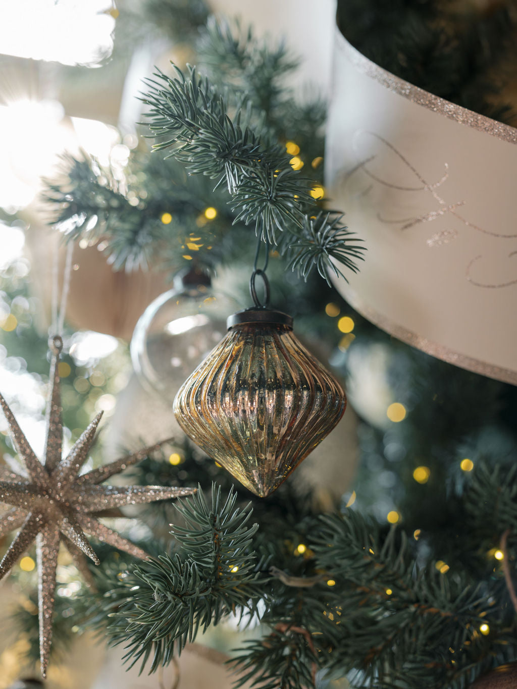 Handcrafted 3 Antique Gold Mercury Glass Ornaments with Unique Shapes and Jute Hangers, Set of 4