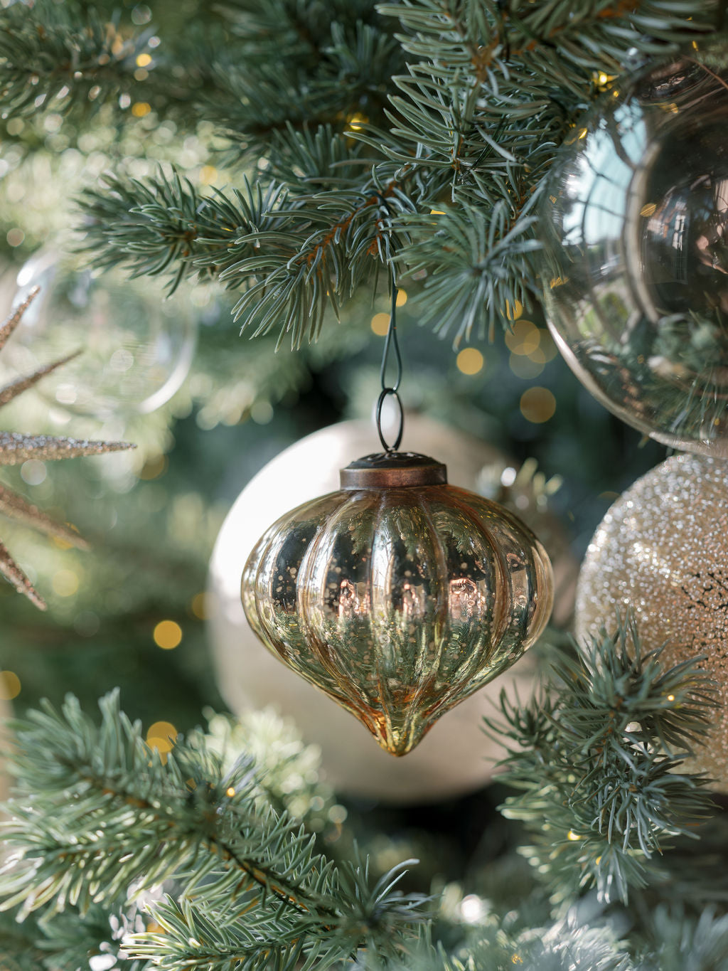 Handcrafted 3 Antique Gold Mercury Glass Ornaments with Unique Shapes and Jute Hangers, Set of 4