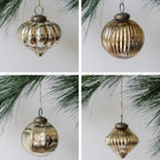 Handcrafted 3 Antique Gold Mercury Glass Ornaments with Unique Shapes and Jute Hangers, Set of 4