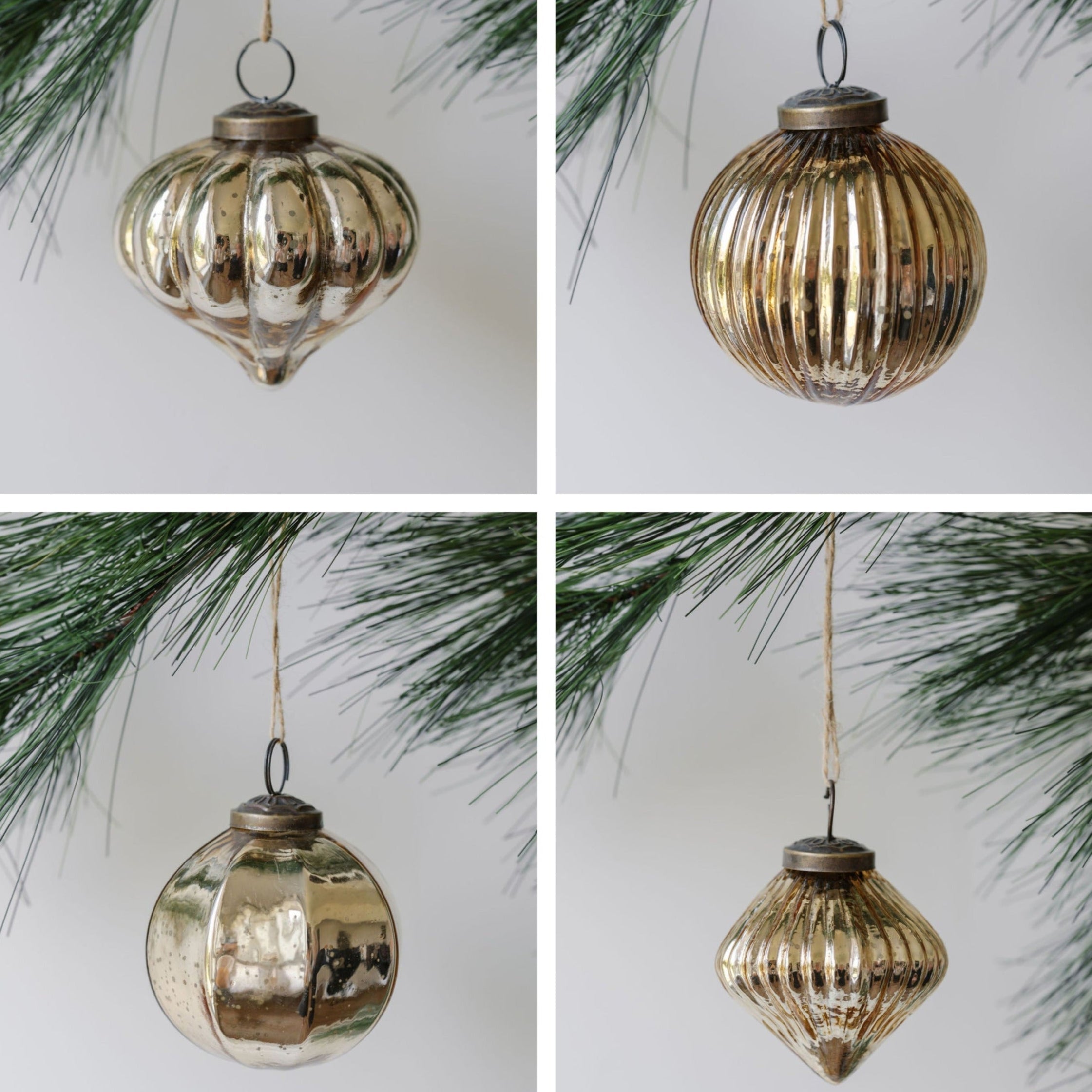 Handcrafted 3 Antique Gold Mercury Glass Ornaments with Unique Shapes and Jute Hangers, Set of 4