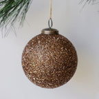 Handcrafted 4 Antique Bronze Beaded Glass Ornaments with Jute Hanger and Antique Topper, Set of 4