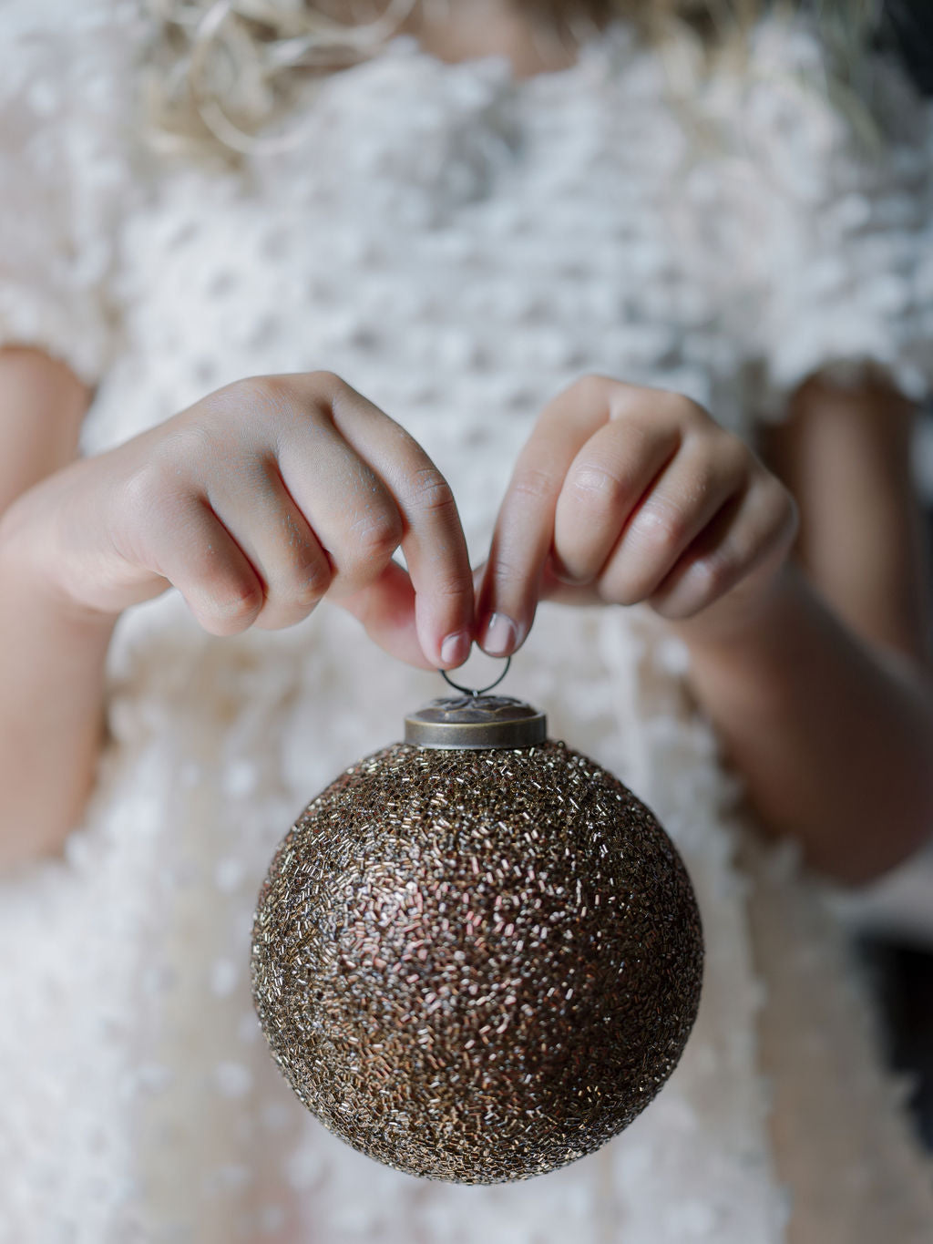 Handcrafted 4 Antique Bronze Beaded Glass Ornaments with Jute Hanger and Antique Topper, Set of 4