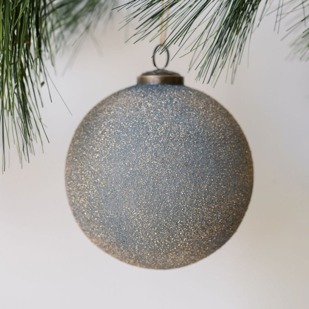 Handcrafted 5 Slate Blue Glass Ornament with Gold Accents & Antique Bronze Topper, Set of 4