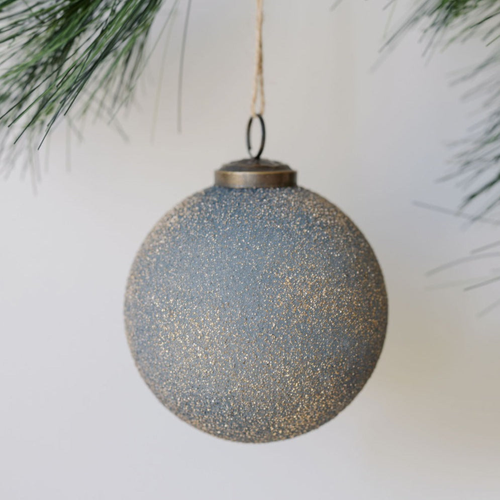 Handcrafted 4 Slate Blue Glass Ornament with Antique Bronze Topper and Jute Hanger, Set of 4