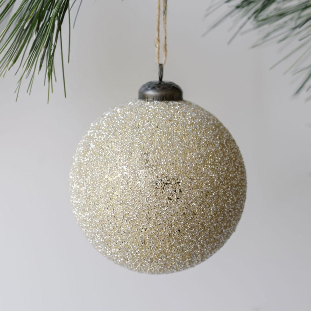 Elegant 4-Inch Cream Beaded Glass Ornaments, Set of 4