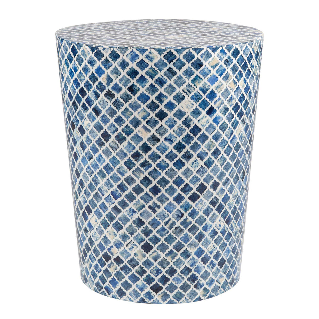 Round Natural Bone Inlay Blue Diamond Pattern Accent Table