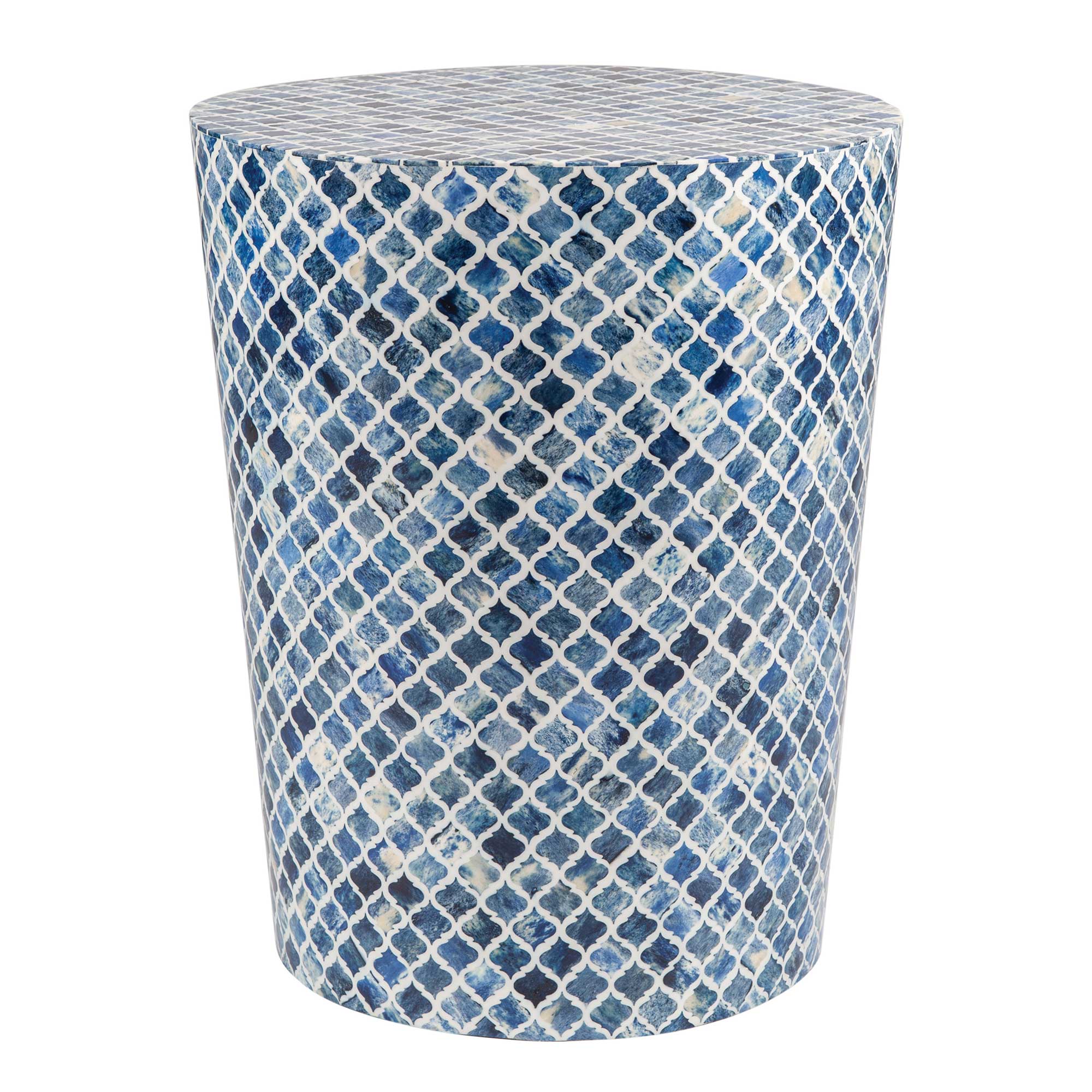 Round Natural Bone Inlay Blue Diamond Pattern Accent Table