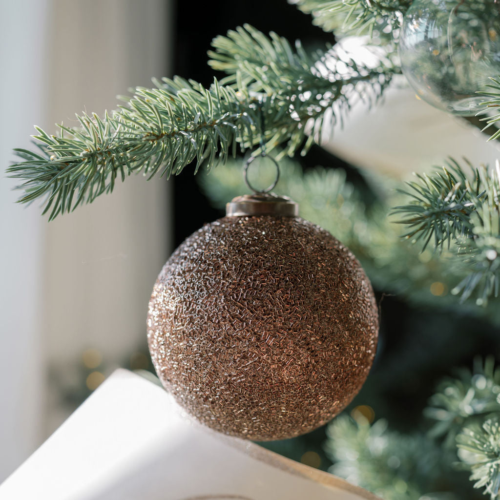 Handcrafted 4 Antique Bronze Beaded Glass Ornaments with Jute Hanger and Antique Topper, Set of 4