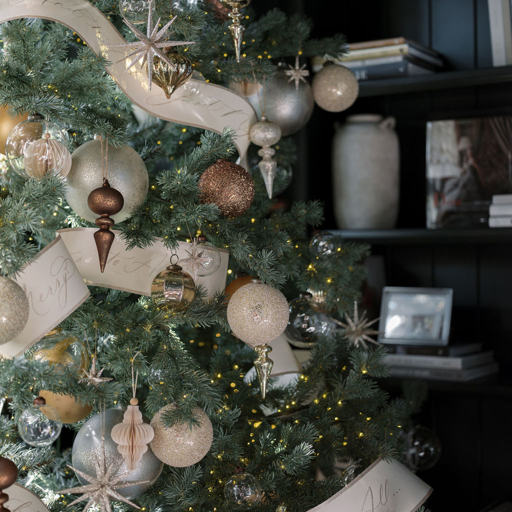 Handcrafted 4 Antique Bronze Beaded Glass Ornaments with Jute Hanger and Antique Topper, Set of 4