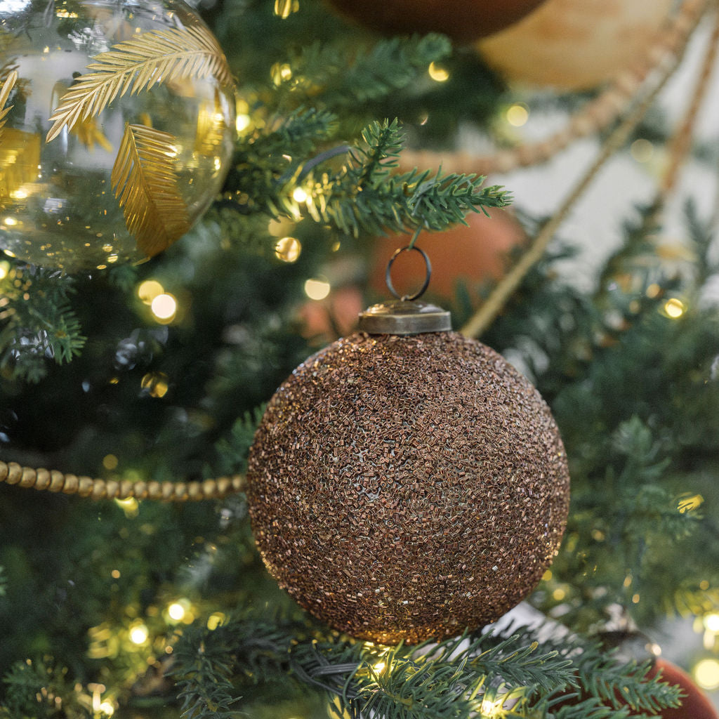 Handcrafted 4 Antique Bronze Beaded Glass Ornaments with Jute Hanger and Antique Topper, Set of 4