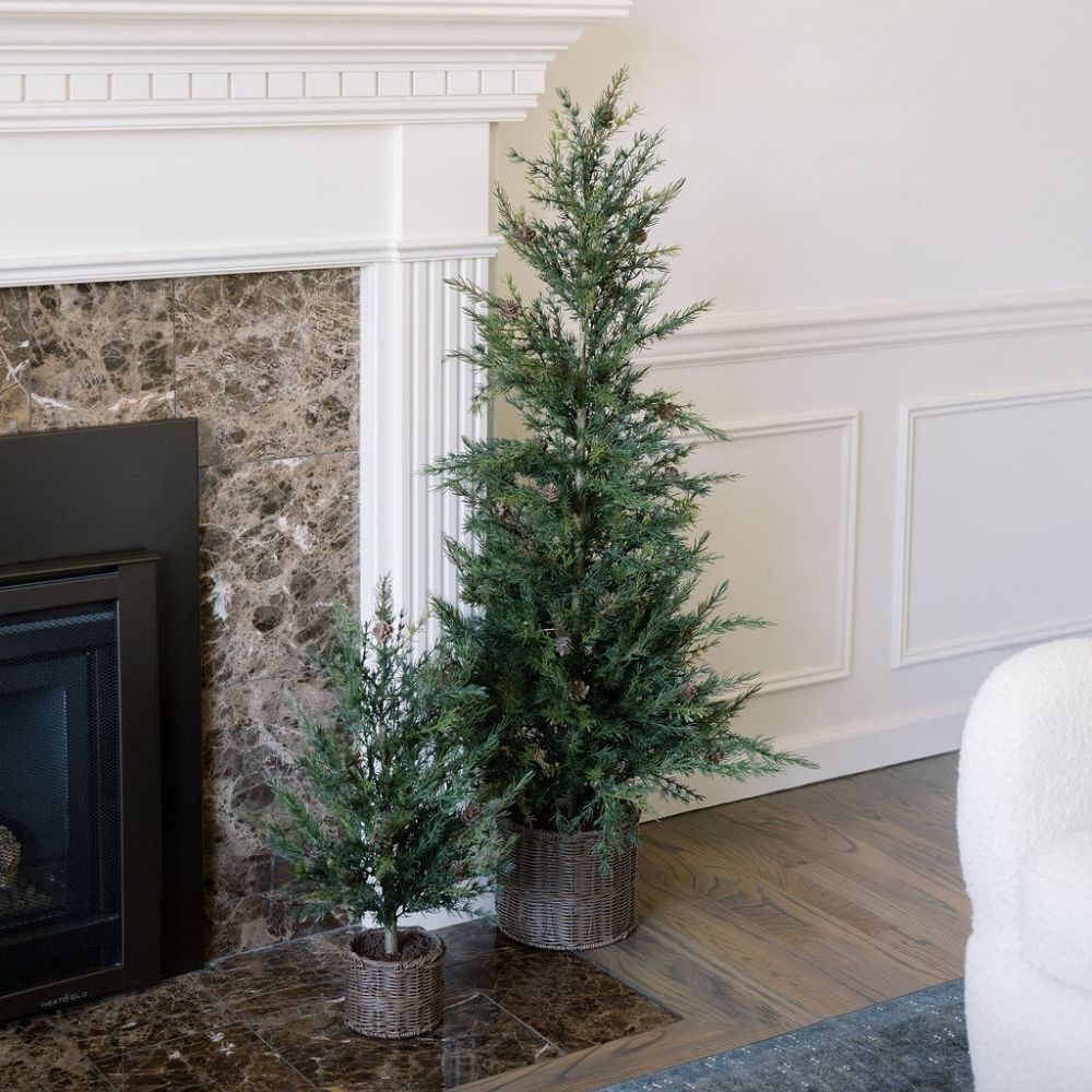 2' Pine Tree with Lifelike Branches and Rustic Pinecones in Brown Wired Basket