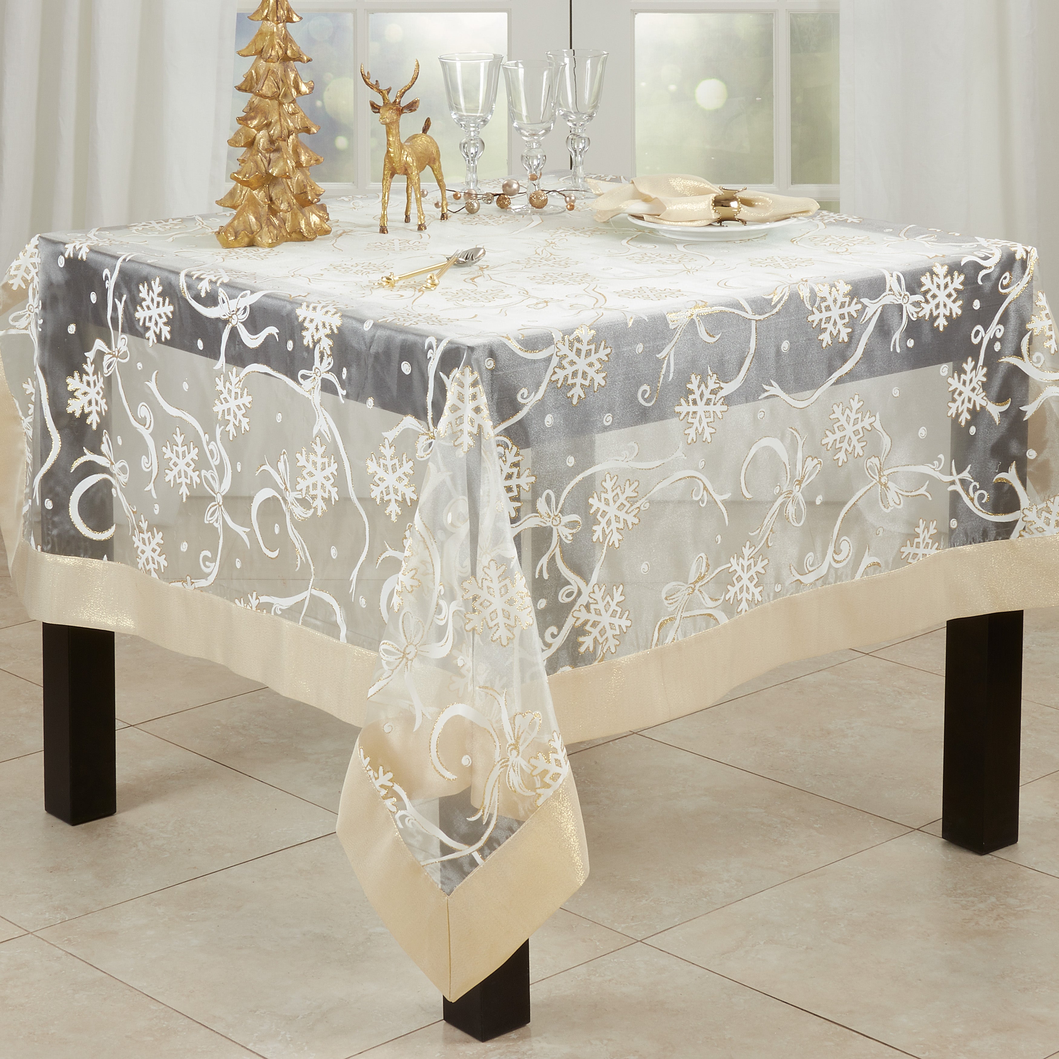 Printed Snowflake and Ribbon Tablecloth