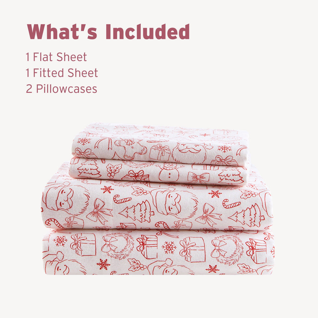 Holiday Doodles 100% Cotton Flannel Pigment Printed Sheet Set