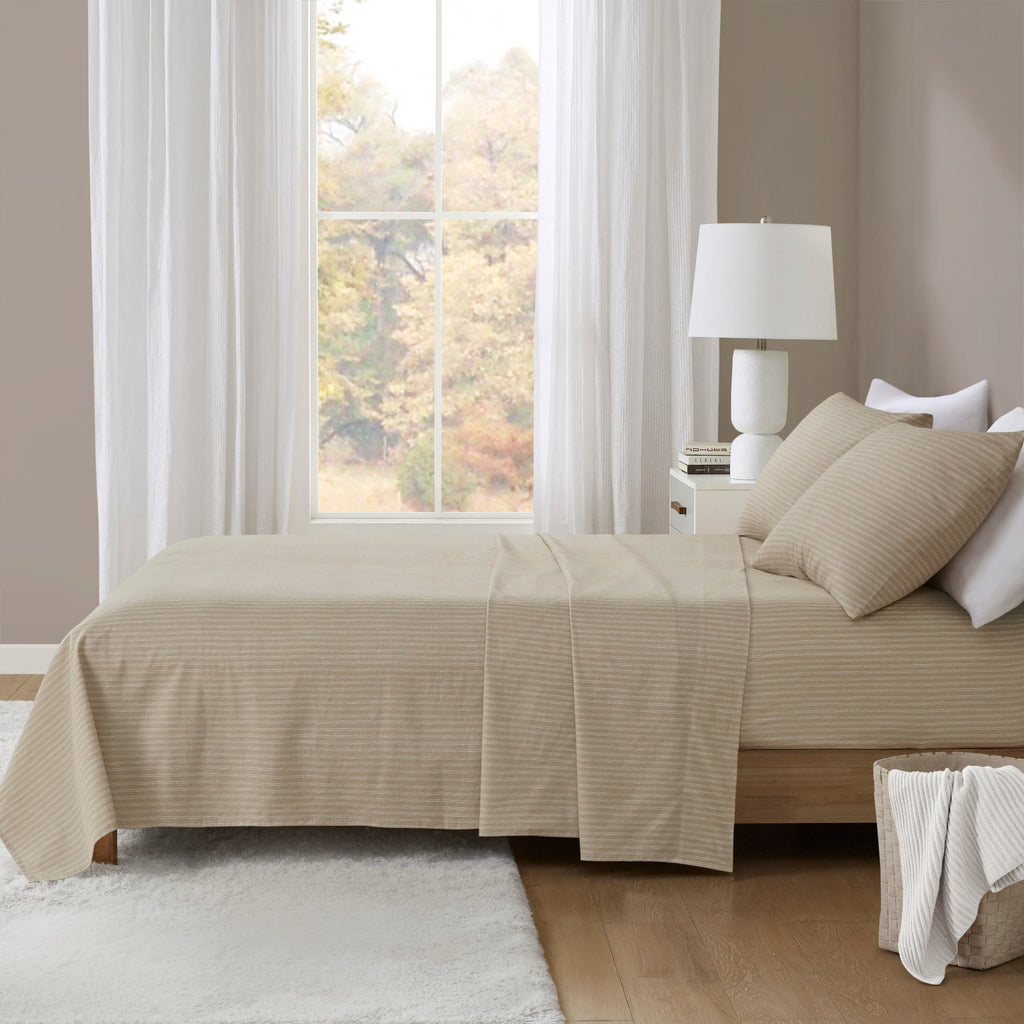 Beige & White Stripes 100% Cotton Flannel Printed Sheet Set