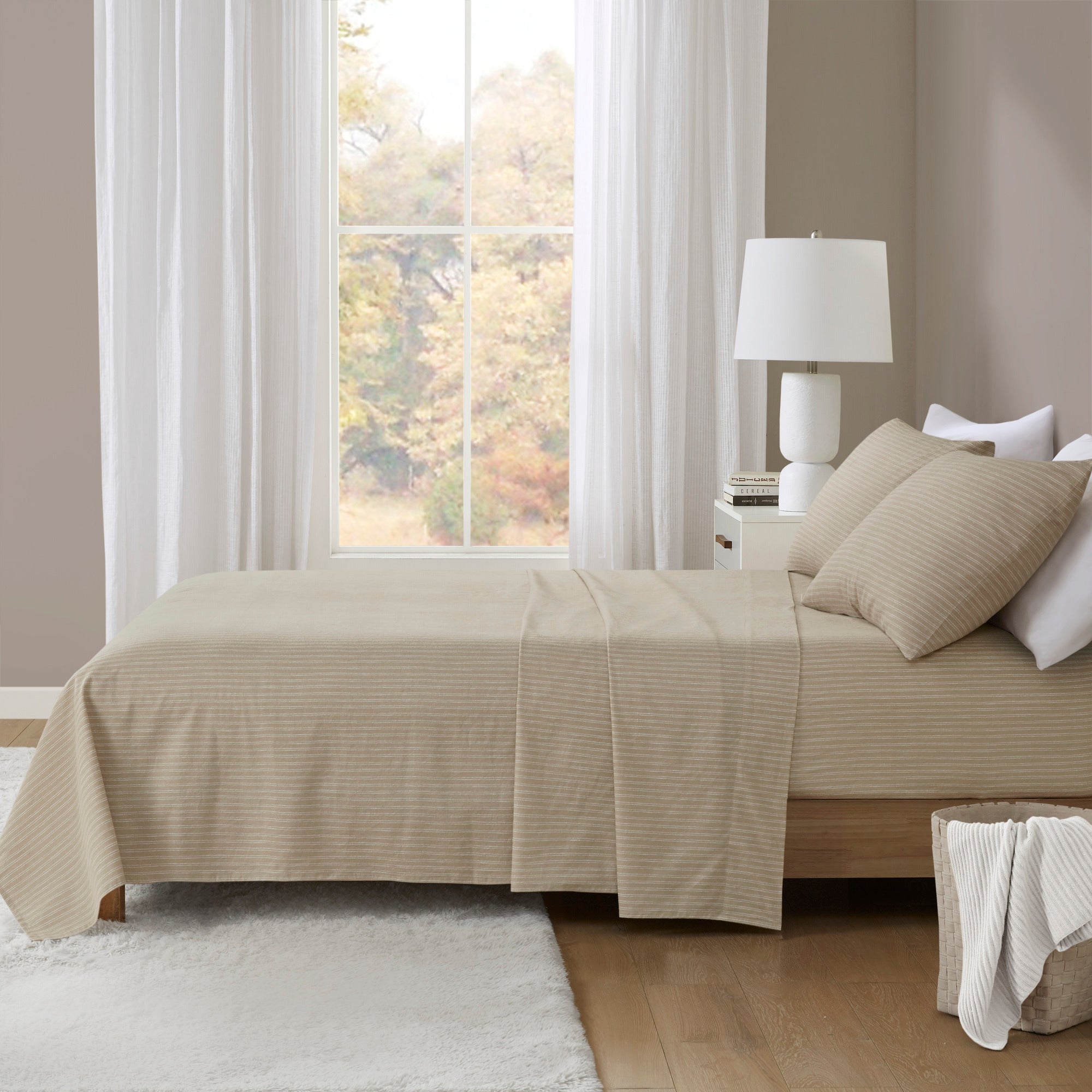 Beige & White Stripes 100% Cotton Flannel Printed Sheet Set