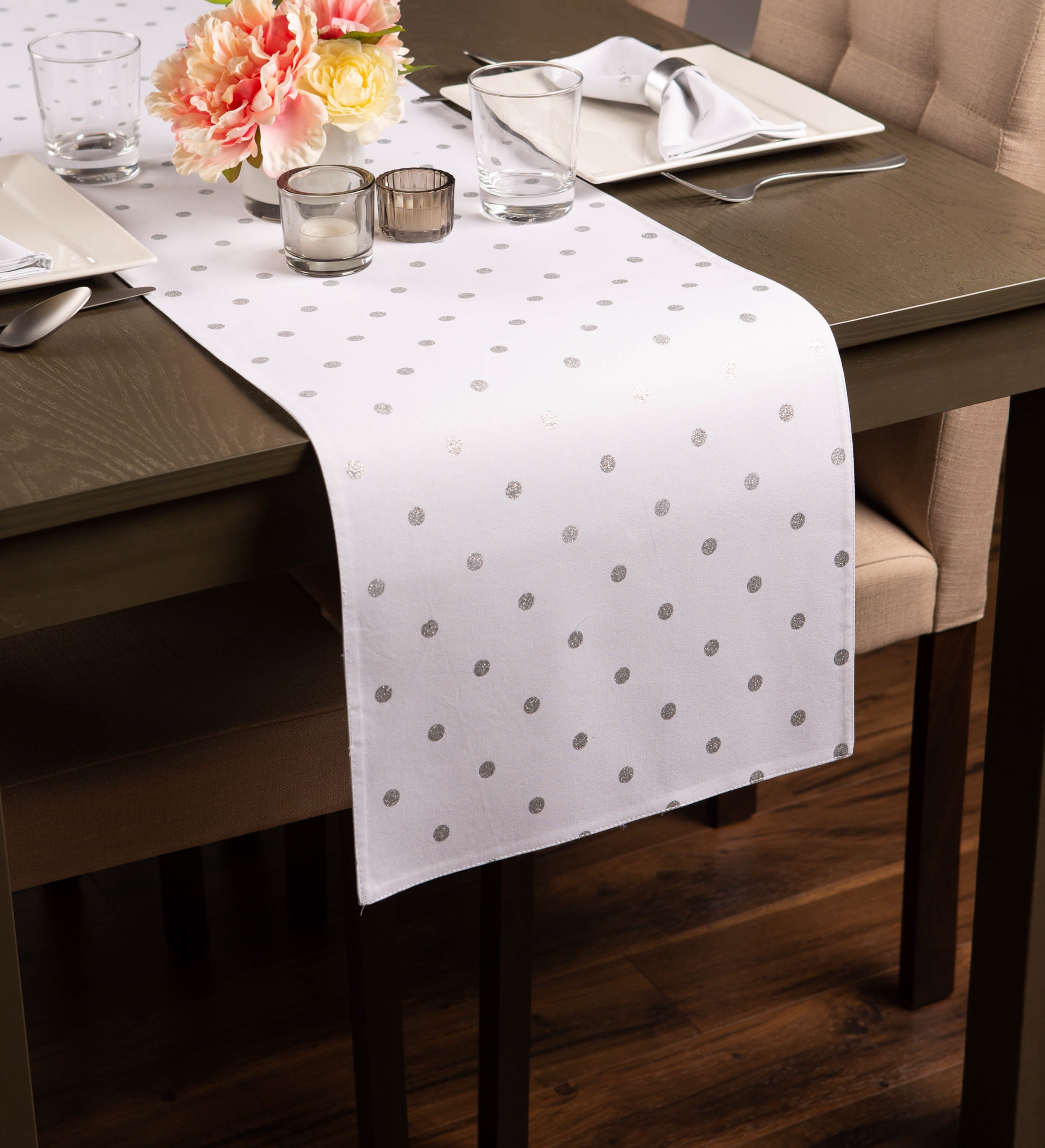 Metallic White & Silver Reversible Polka Dot Table Runner