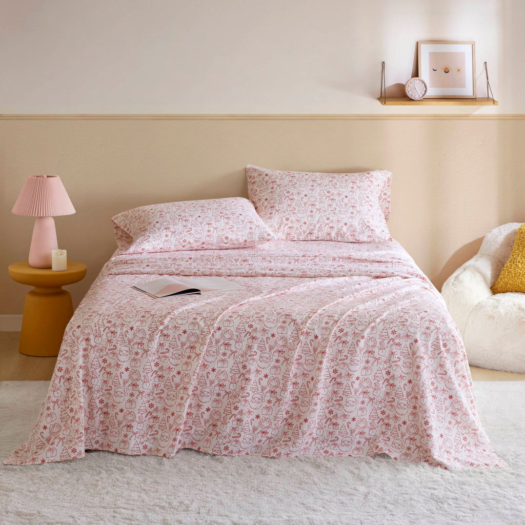 Holiday Doodles 100% Cotton Flannel Pigment Printed Sheet Set