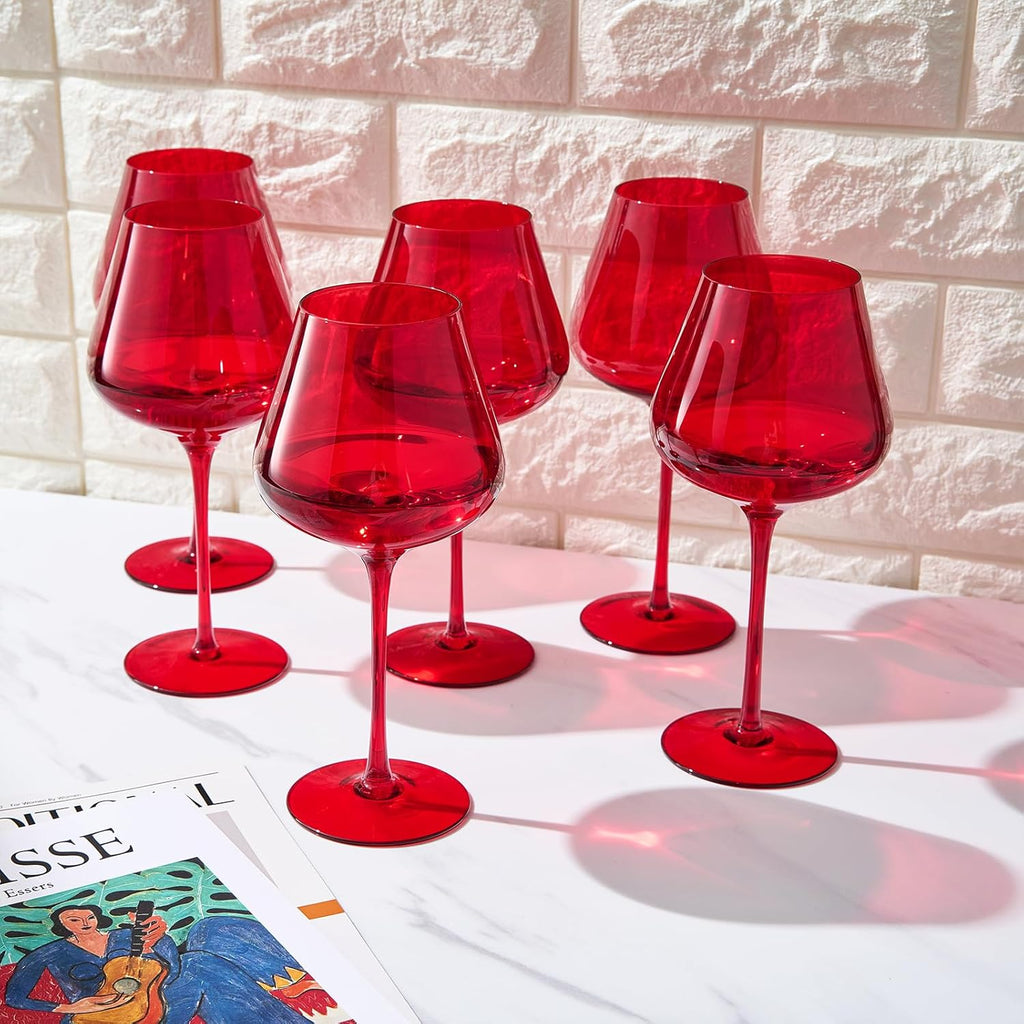 Stagioni Stemmed Wine Glassware, Set of 6, Holiday Red
