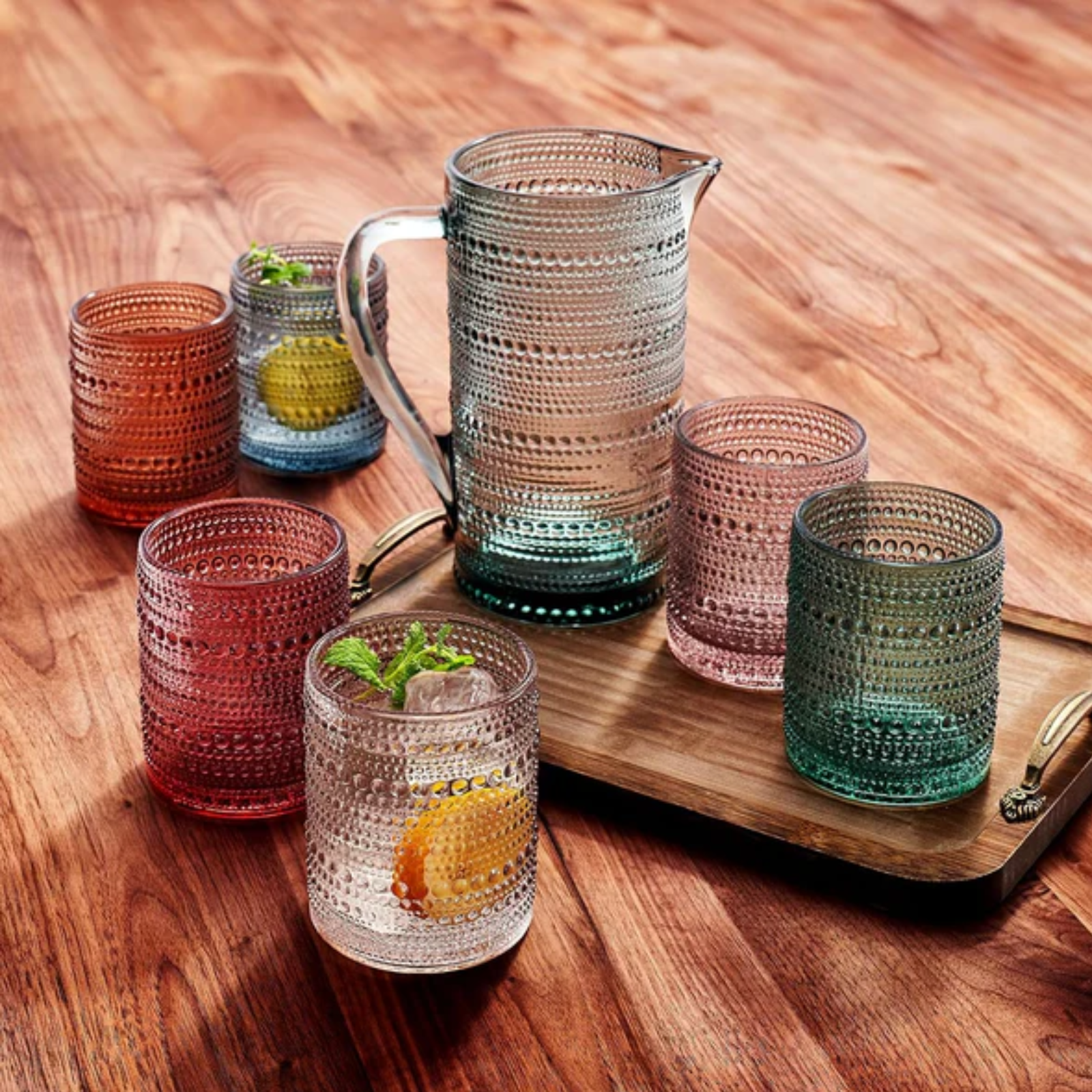 Tonal Hobnail Pitcher & Lowball Glassware Set