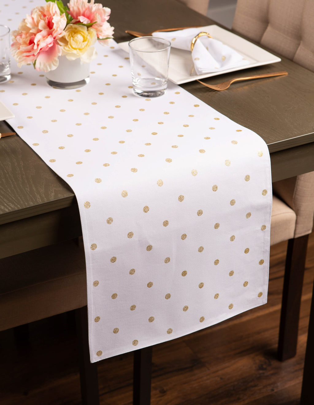 Metallic White & Gold Reversible Polka Dot Table Runner