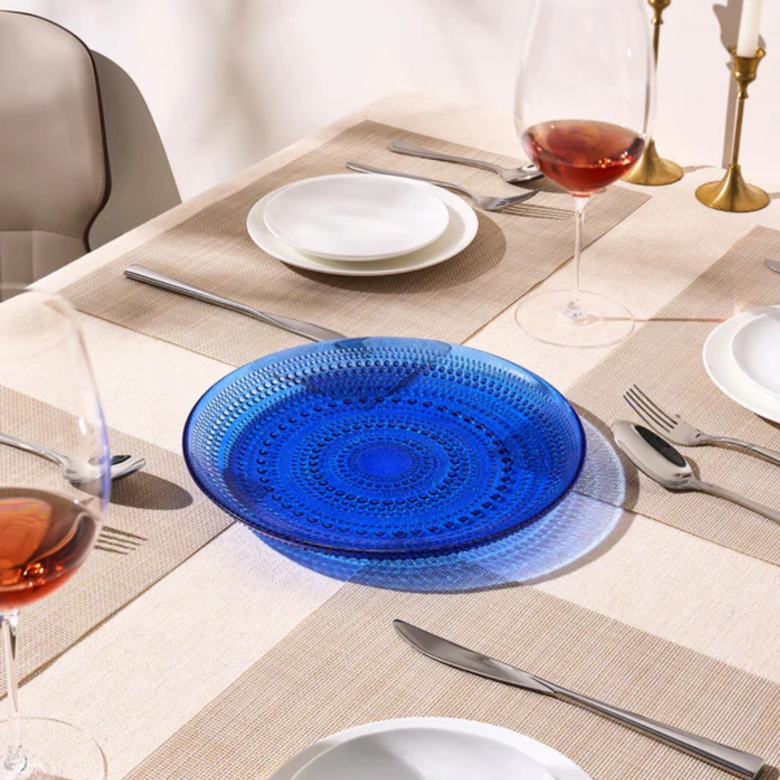 Glass Hobnail Dark Blue Dinner Plates, Set of 4