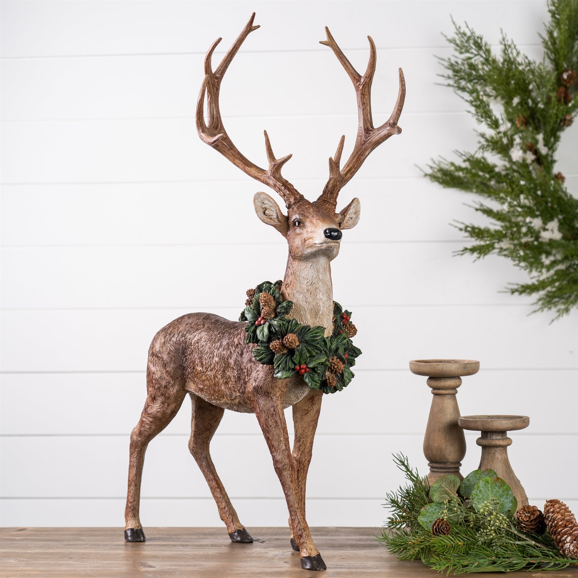 2 ft Holiday Standing Deer Figurine with Wreath Accent, Set of 2