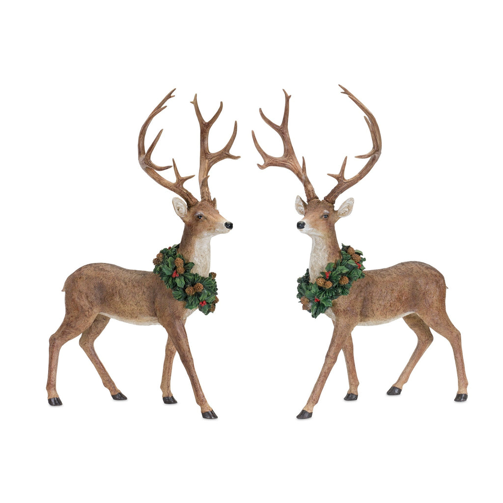 2 ft Holiday Standing Deer Figurine with Wreath Accent, Set of 2
