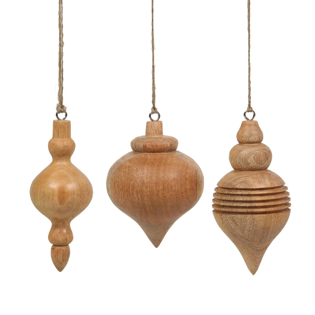 Mango Wood Finial Christmas Ornaments, Set of 3