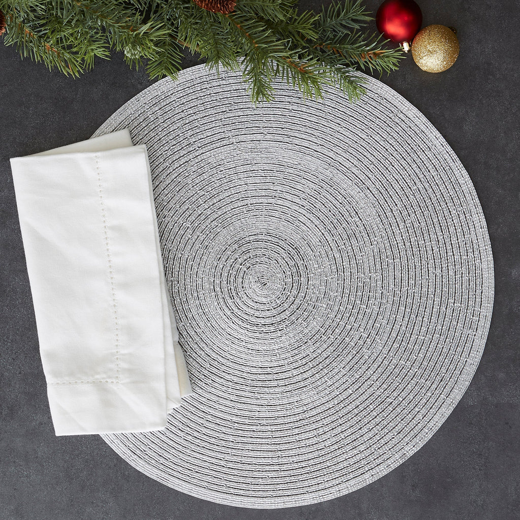 Metallic Silver Round Woven Placemats, Set Of 4