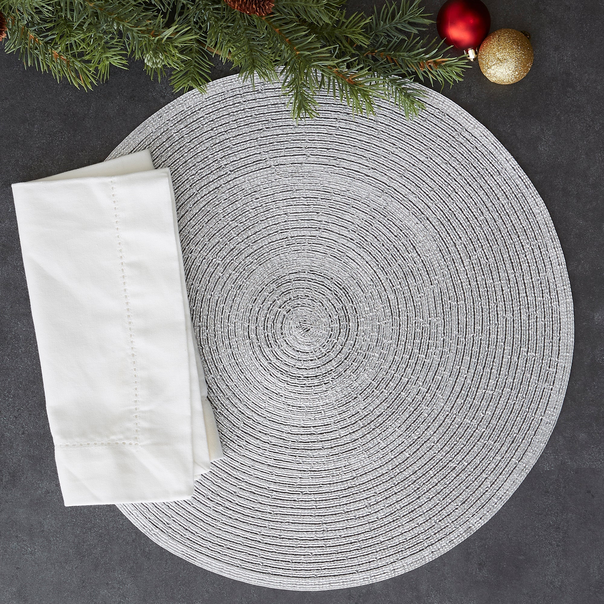 Metallic Silver Round Woven Placemats, Set Of 4