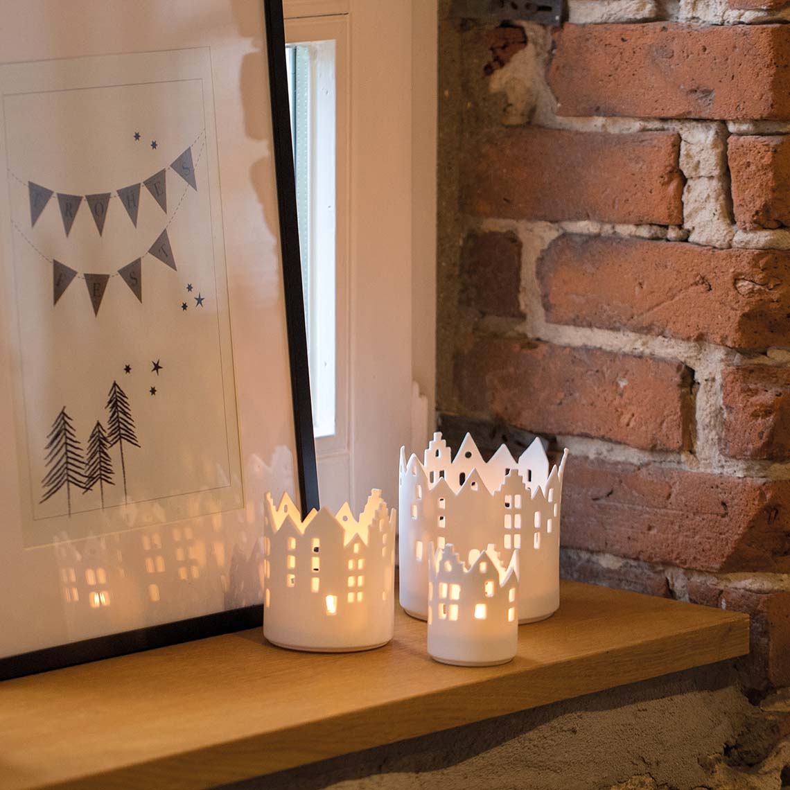 Porcelain City Light Cityscape Candle Holders, Set of 3