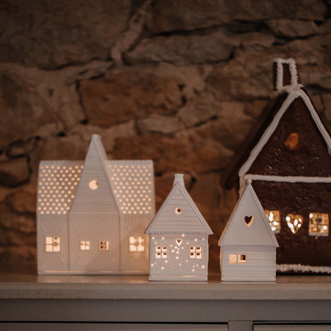 Porcelain Gingerbread Village Houses, Set of 3